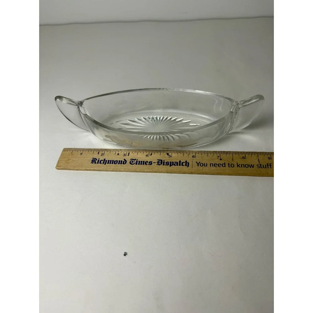 Vintage‎ Clear Etched Star Glass Oval Canoe Boat Dish w Handles Floral Design